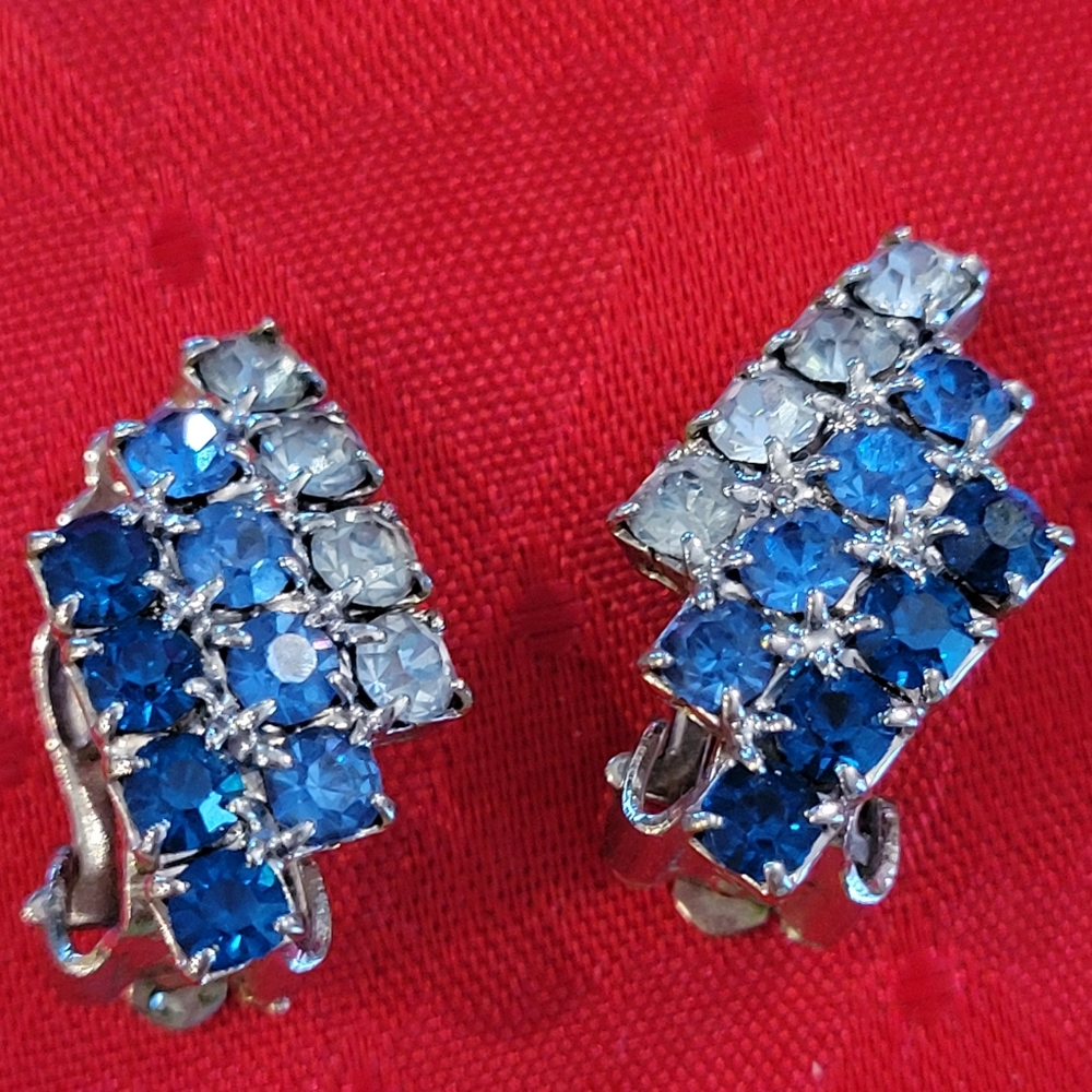 Vintage Blue Rhinestone Clip-On Earrings ~ MCM-1960's ~ Pretty & Sparkly!